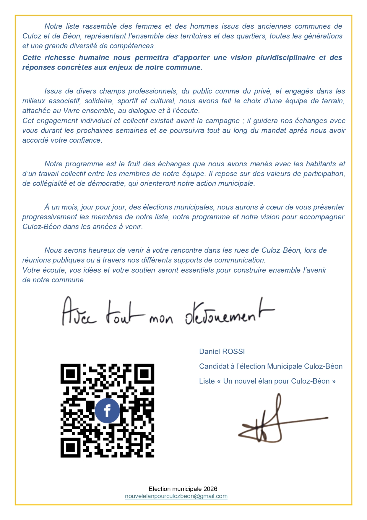 Lettre de Daniel Rossi - Un nouvel élan pour Culoz-Béon