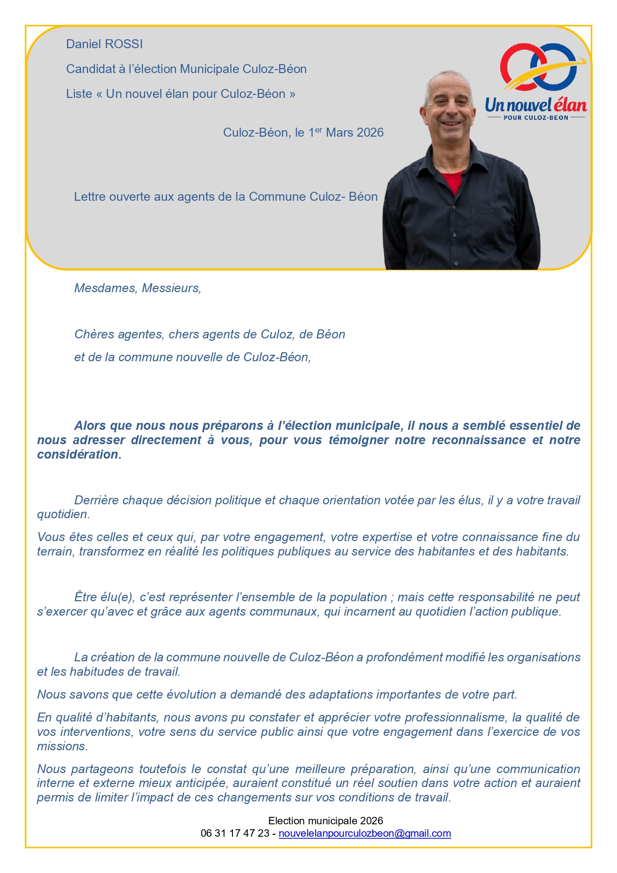 Lettre ouverte aux agents de la Commune Culoz-Béon - Un nouvel élan pour Culoz-Béon